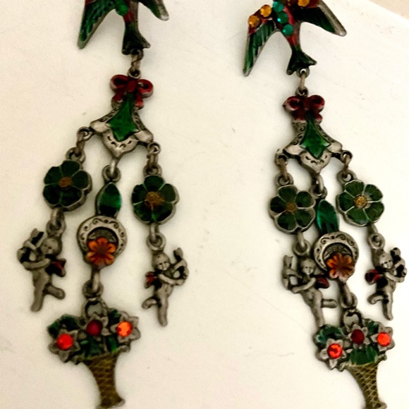 Don-Lin Chandelier Post and Clutch Earrings Enamel Sparkly Stones Vintage - Picture 7 of 15